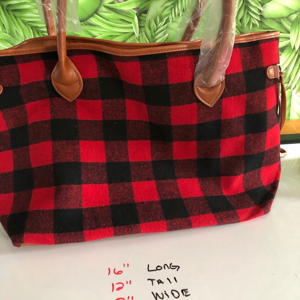 Black and red check tote